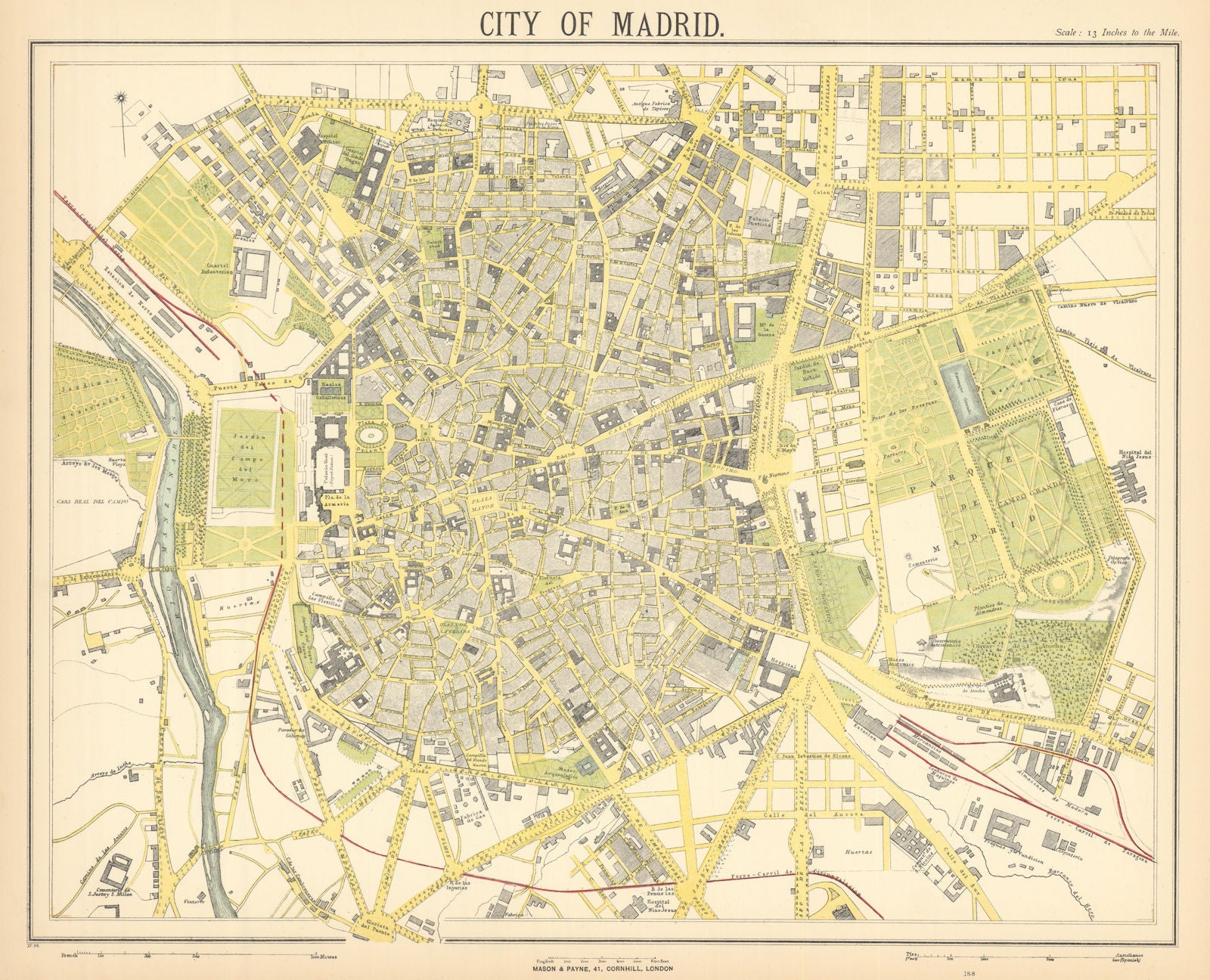 MADRID antique town city map plan. Railways. LETTS 1892 old chart
